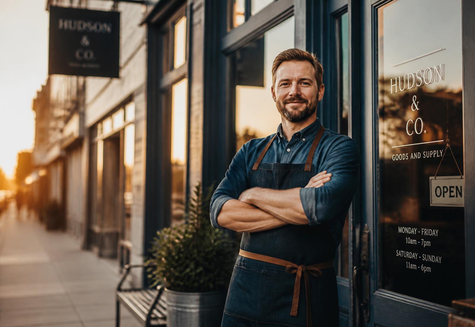 Small business owner standing in front of their storefront